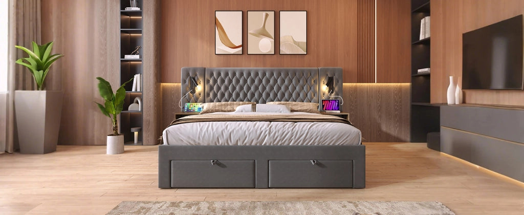 Letto matrimoniale 180 × 200 cm con 2 comodini, 4 cassetti, lampada da lettura e USB, senza materasso, velluto grigio