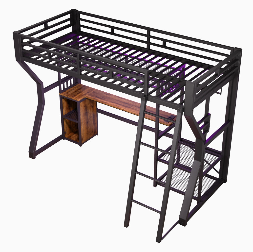 Letto a soppalco 204x131.5x180 cm con scrivania; ripiani e presa elettrica in metallo e MDF nero