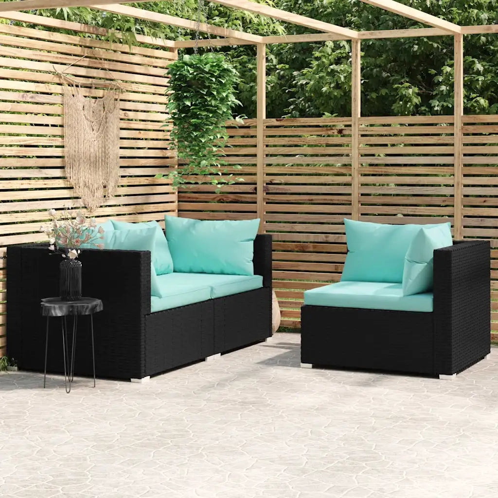 Salotto da Giardino-Set Divani da Giardino 3 pz con Cuscini Nero in Polyrattan 171097