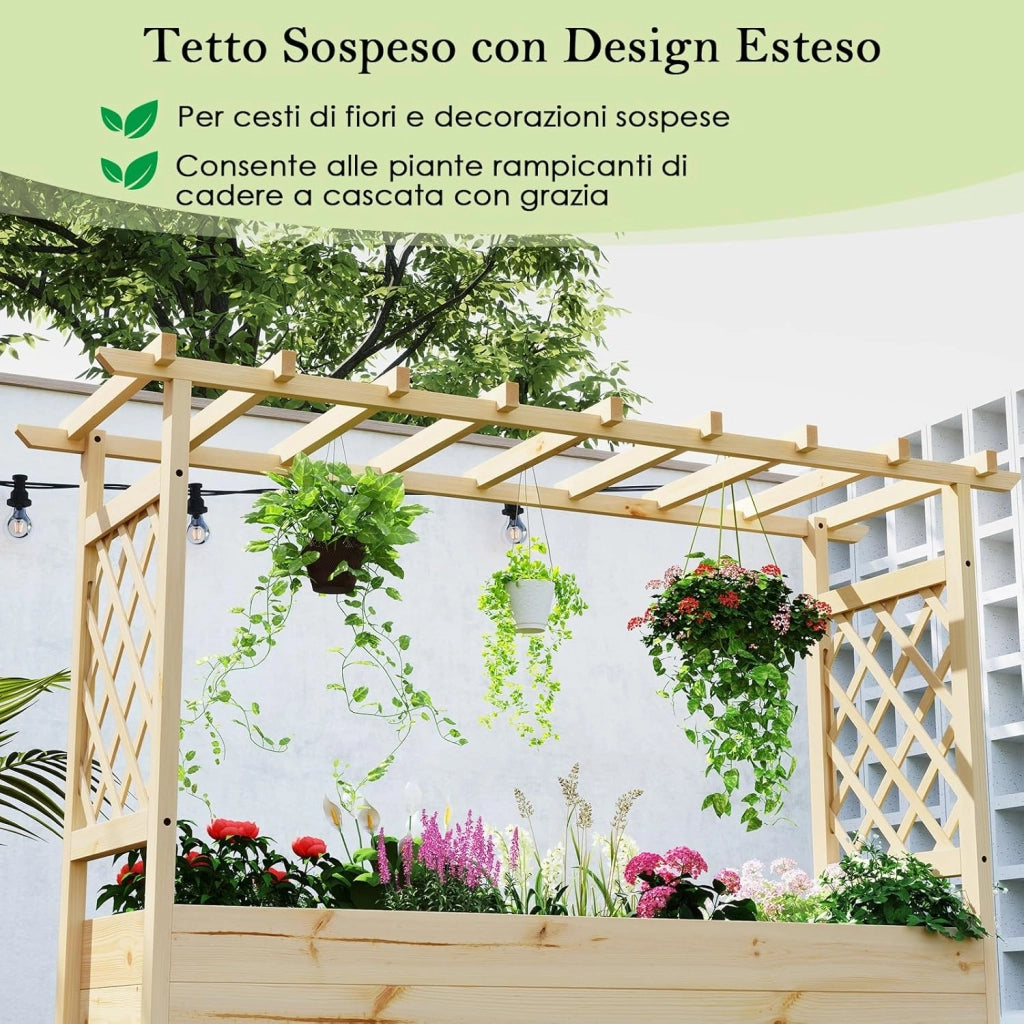 Fioriera da Esterno con Grigliato, Letto Rialzato in Legno di Pino per Piante Rampicanti con Traliccio e Fori di Drenaggio, Aiuola Elevata da Giadino e Cortile (148 x 50 x 103 cm)