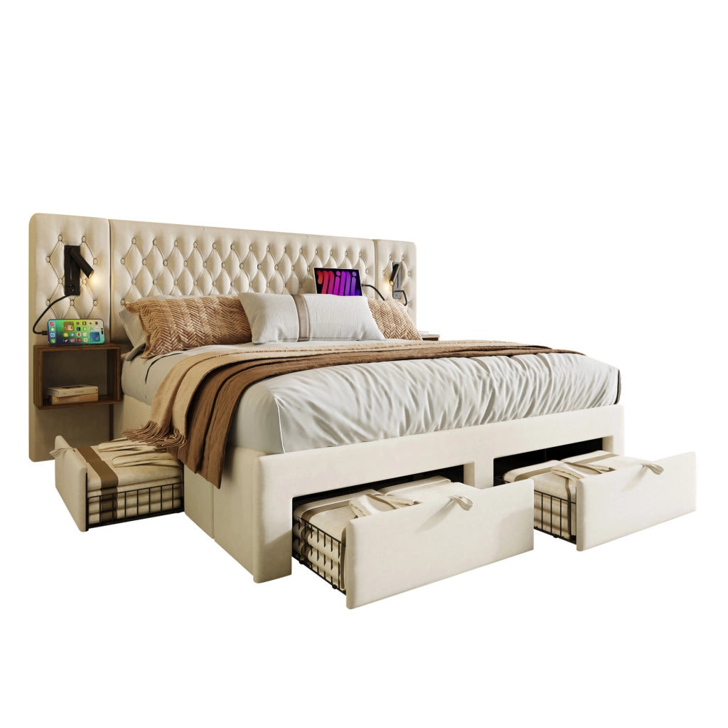 Letto matrimoniale 160x200 cm in velluto beige con comodini integrati; cassetti; luci lettura e materasso