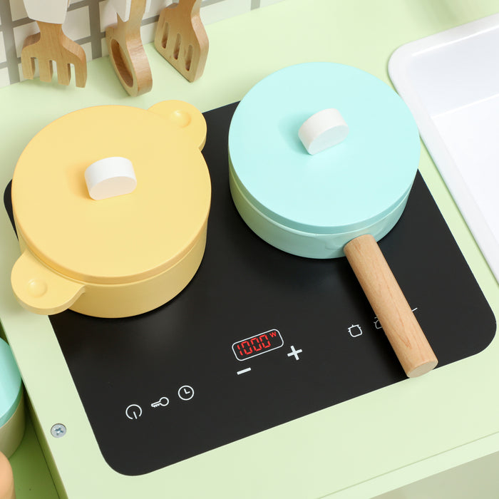 Set Cucina Giocattolo per Bambini da 3+ Anni con 15 Accessori in Legno Verde
