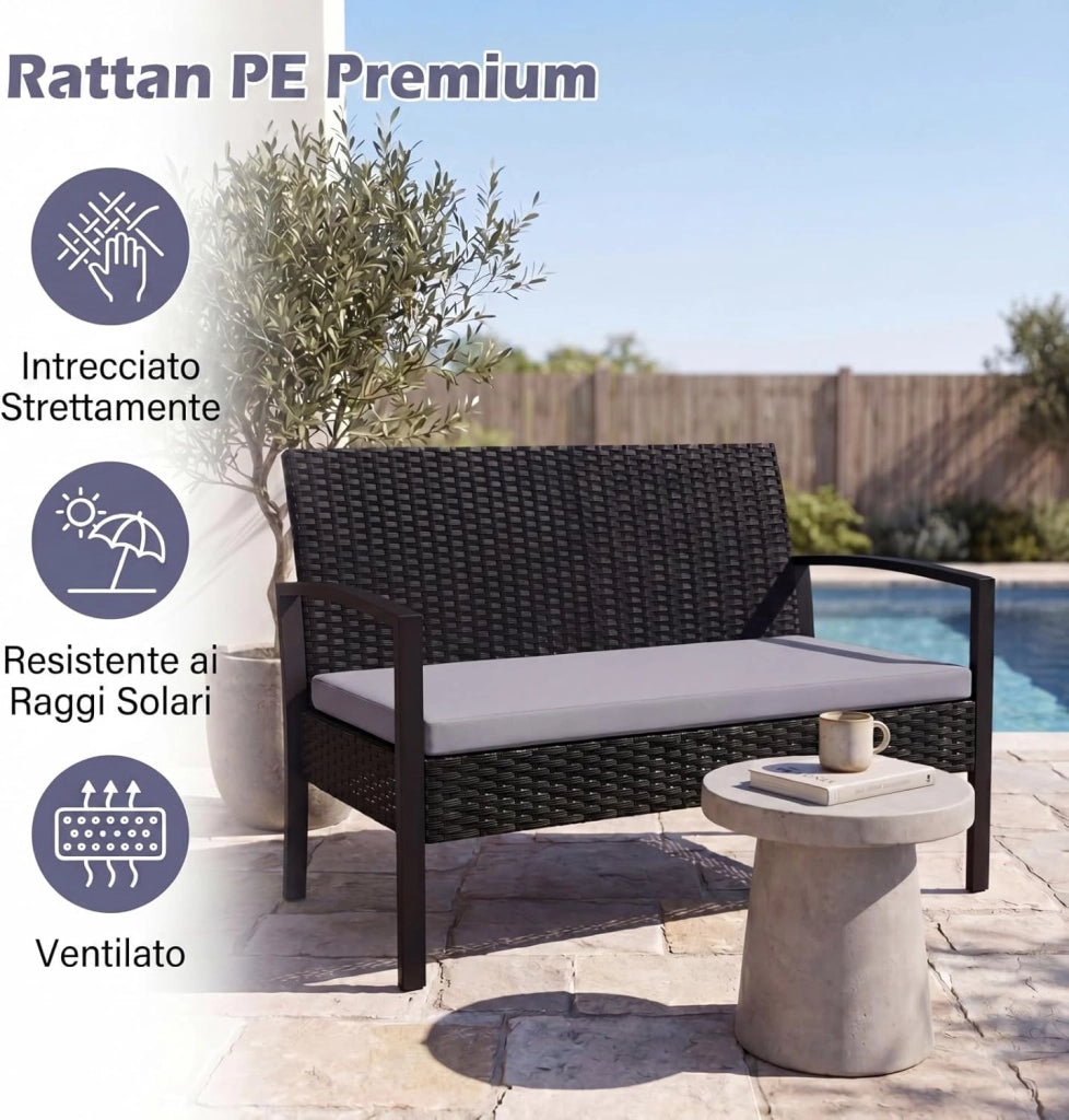 Set di Salotto da Esterno in Rattan PE, Mobili da Giardino con Divano 2 Posti, 2 Poltrone, Tavolino in Vetro Temperato e Cuscini Morbidi, Set Salottino per Terrazza, Balcone, Piscina (Grigio)