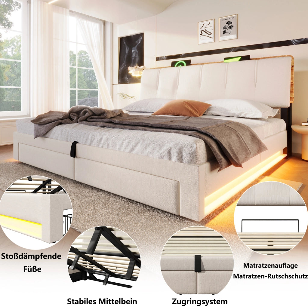 Letto imbottito con contenitore, USB e LED, 180x200 cm, beige