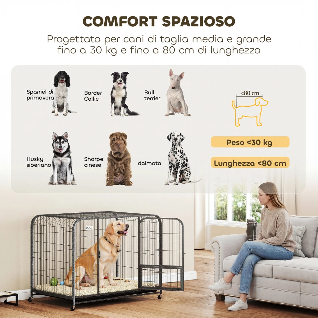 Gabbia per Cani in Acciaio con Ruote. 3 Porte. Vassoio Rimovibile e Chiusura Sicura. Nero