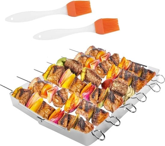 Set di Spiedini per Barbecue in Acciaio Inossidabile con Supporto per Spiedini per BBQ Spiedini da 35 cm per Focolare da Campo Spiedini per Carne con Rotazione a 360°