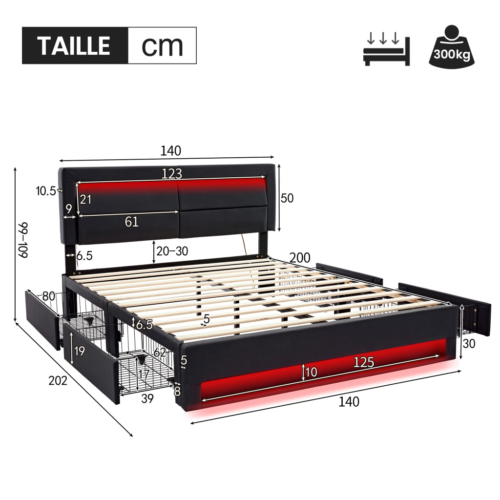 OKWISH Letto con Cassetti 140×200 cm, Letto Matrimoniale con USB, Ricarica Wireless, LED Regolabile e 4 Cassetti, senza Materasso, in PU, Nero