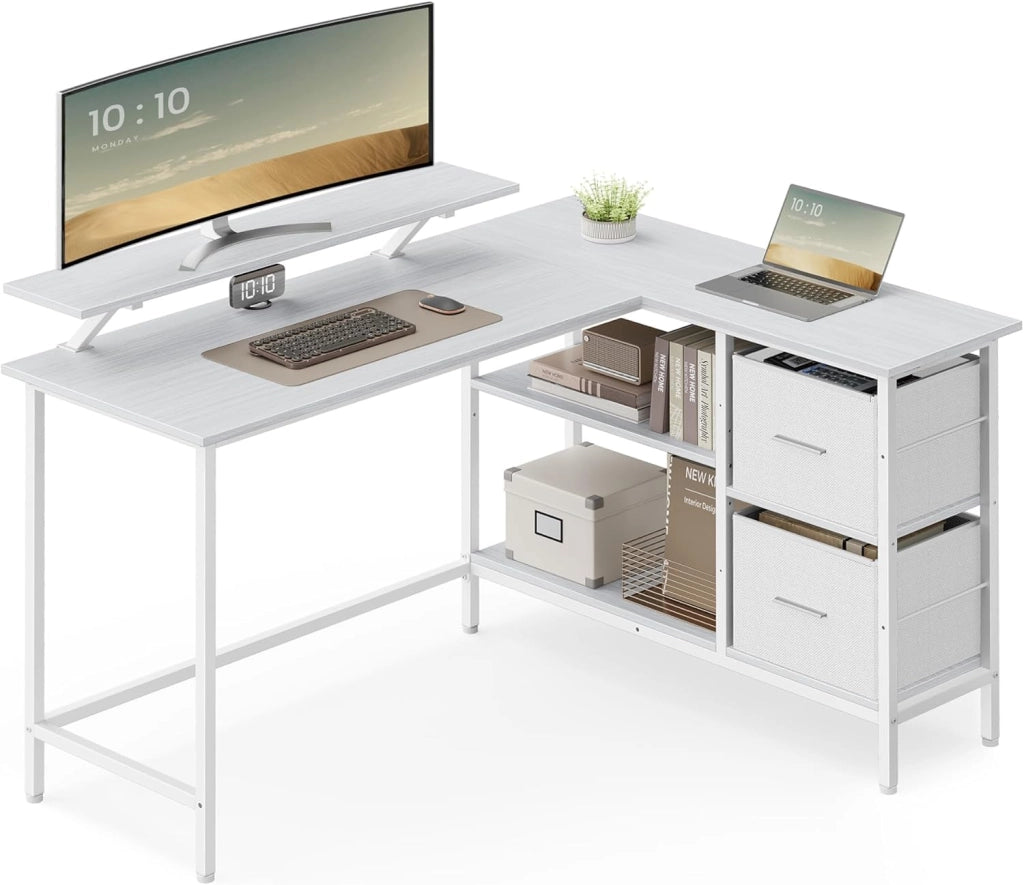 VASAGLE Scrivania per Computer a L, Scrivania ad Angolo con 2 Cassetti Spaziosi e Supporto per Monitor, Ripiano Regolabile, per Ufficio Studio, Nero Ebano LWD098B56