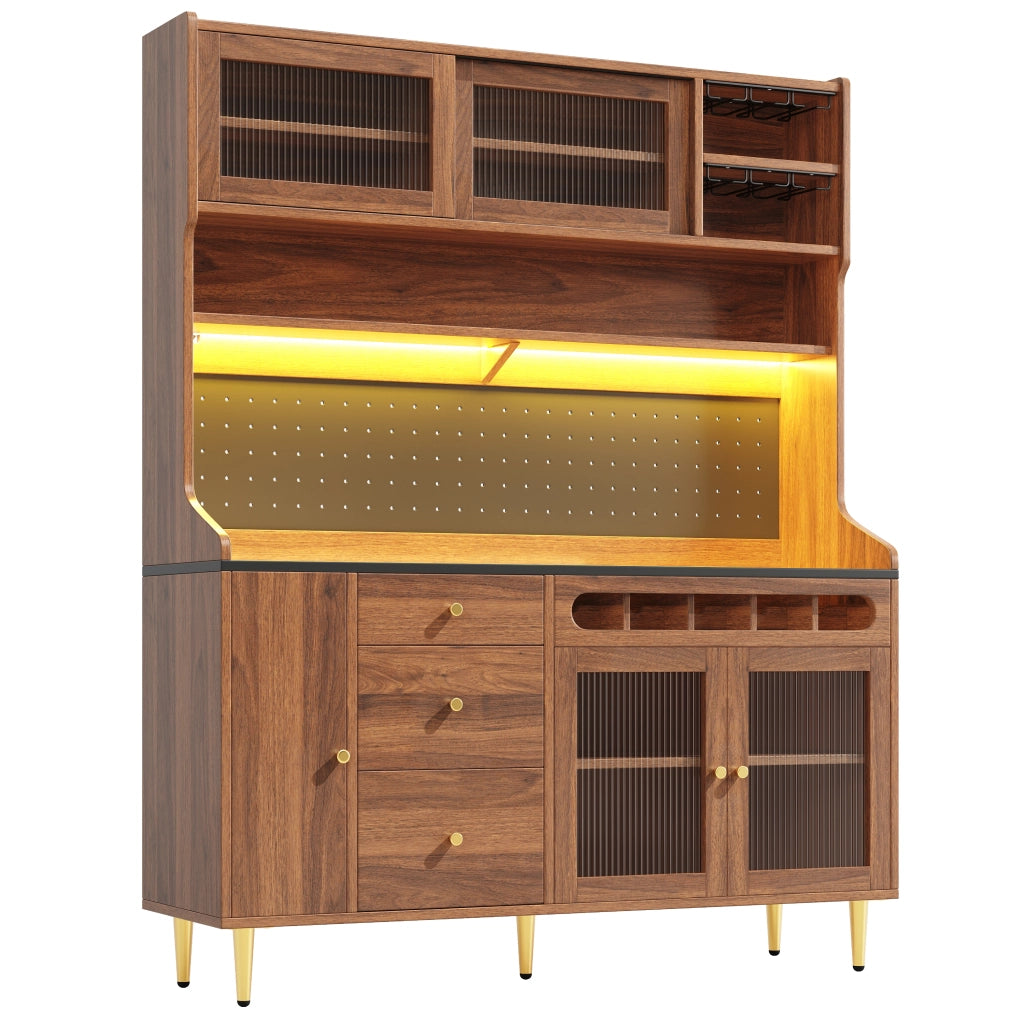 ARMADIO ALTO 145x39x171 cm Noce con LED, vetro e portabottiglie