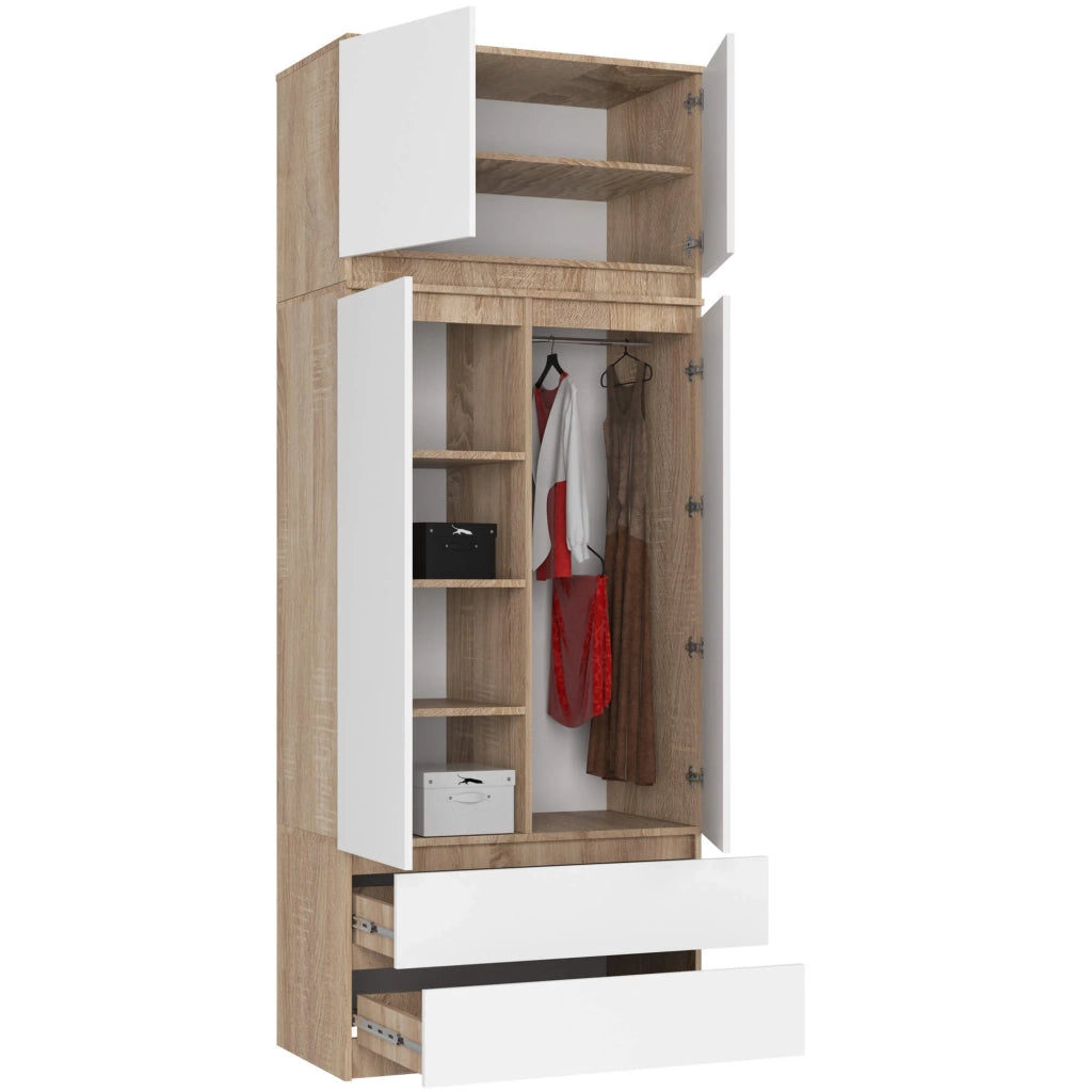 Armadio AKORD S90 con sopralzo Sonoma Quercia 90 cm 2 ante 2 cassetti inserto frontale Bianco 90x51x234 cm