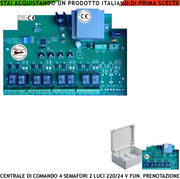 Centrale Comando 4 Semafori a 2 luci Rossa e Verde 220/24 V Funzioni Prenotazione Manuale o da Sensori Tempi Regolabili Lavoro da 5 a 180” Sgombero da 5 a 40”
