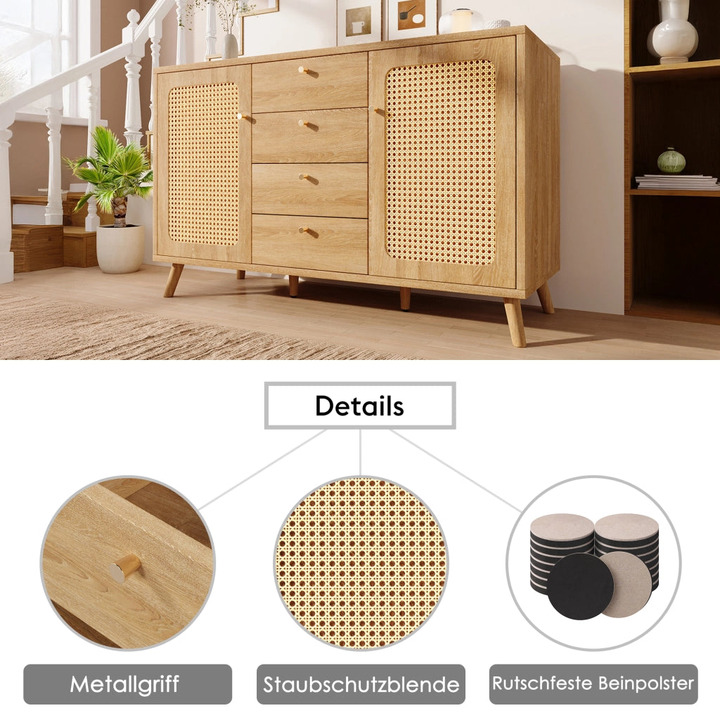 CREDENZA 140x40x86 cm Rovere Chiaro Effetto Rattan 4 Cassetti 2 Ante