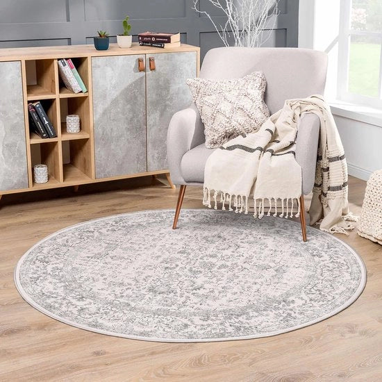 Tappeto di Piastra Ronda Grigio 150 cm - Entrata Cerchio Cucina Vintage Antiscivolo Interno Camera da Letto Lavabile Sfumato Fiorellato Retro Accento