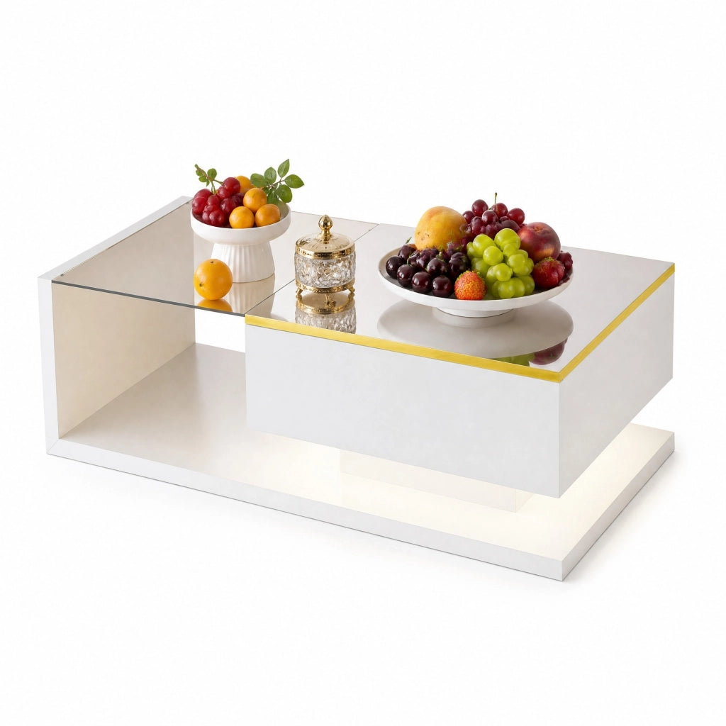 Tavolino da caffè moderno 100x50 cm in pannello truciolare bianco lucido con vetro e LED