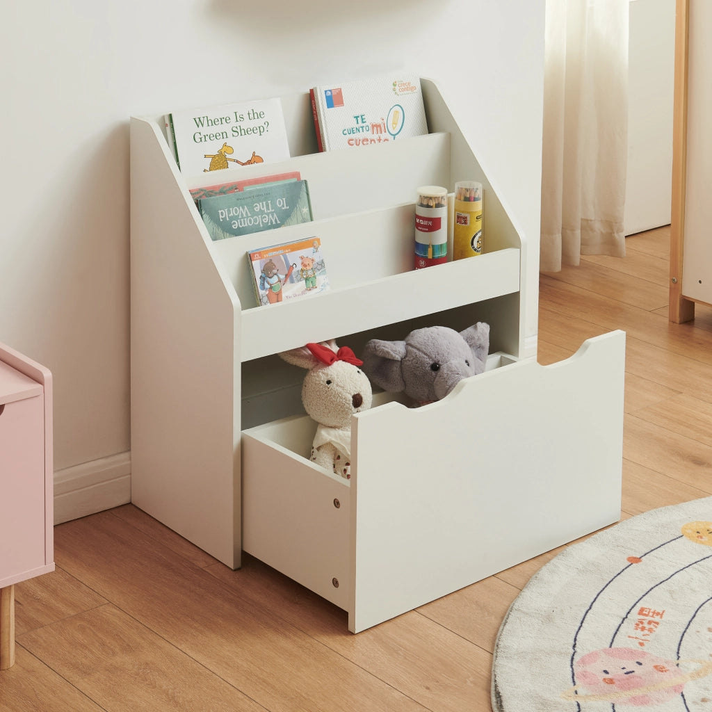 Libreria a Scaletta Sirlstalo per Cameretta Scaffale con 3 Scomparti e Cassetto a Rotelle 70 x 63 x 30 cm - Bianco [en.casa]