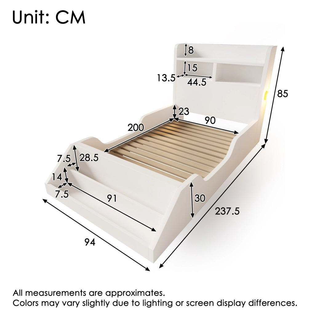 LETTO Singolo 90x200 cm Bianco con ripiani, libreria e luci notturne