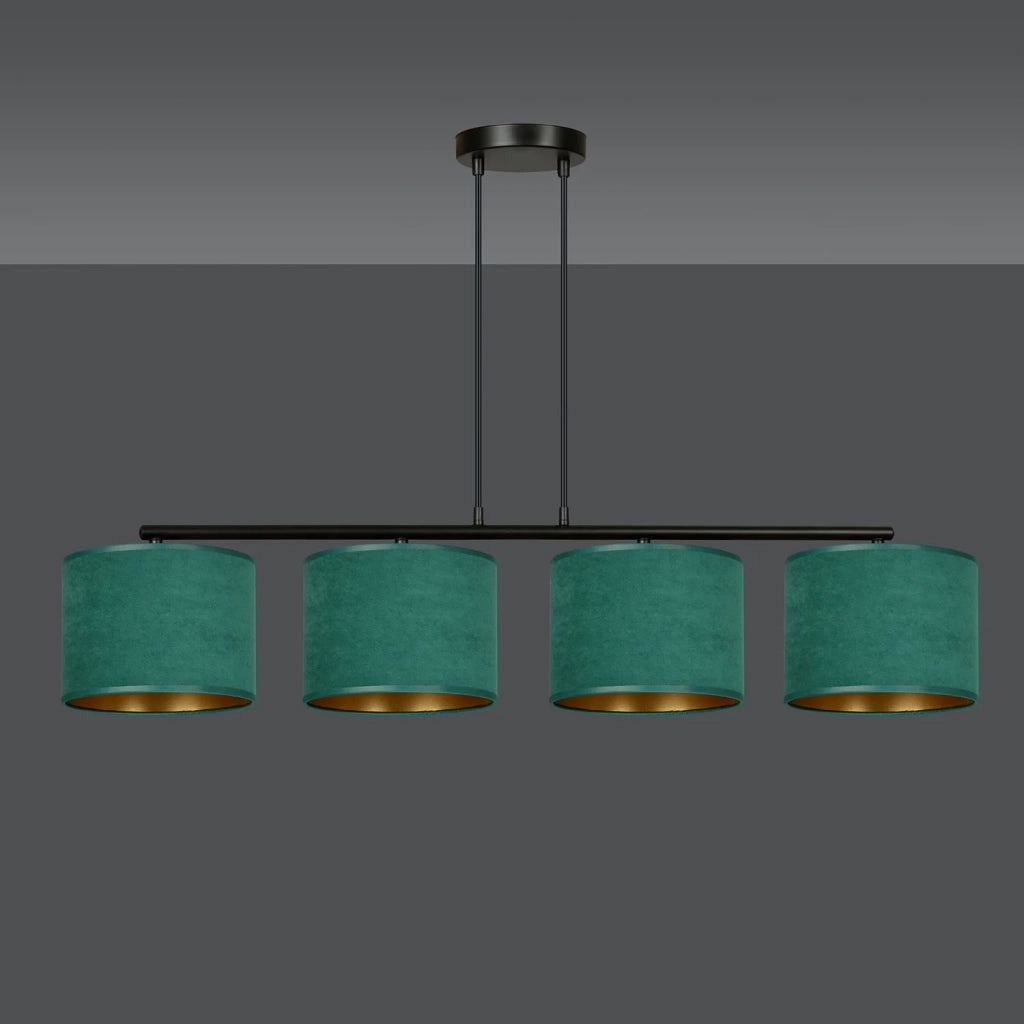 Lampadario 4 Luci Ganesha In Acciaio Nero E Paralumi In Tessuto Verde