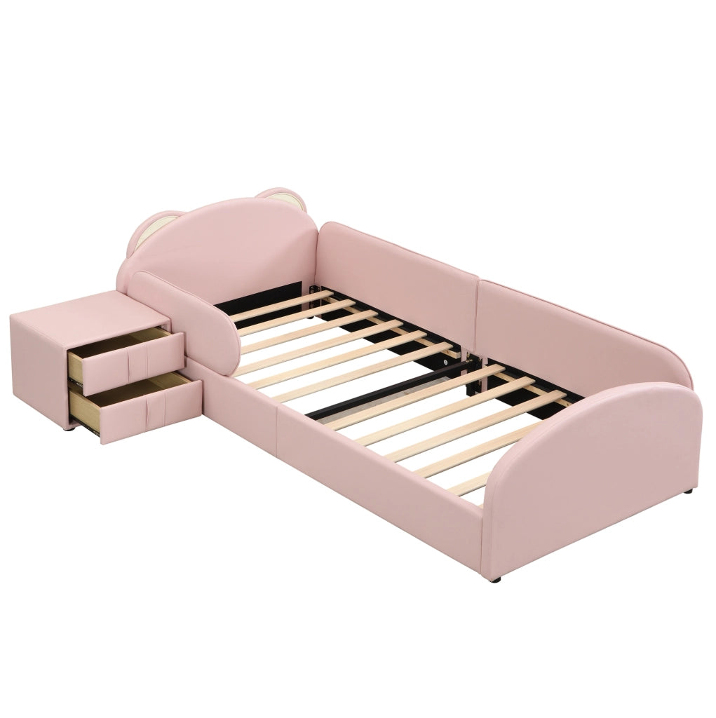 Letto imbottito 90x200 cm con testiera a forma di orso e comodino in PU rosa