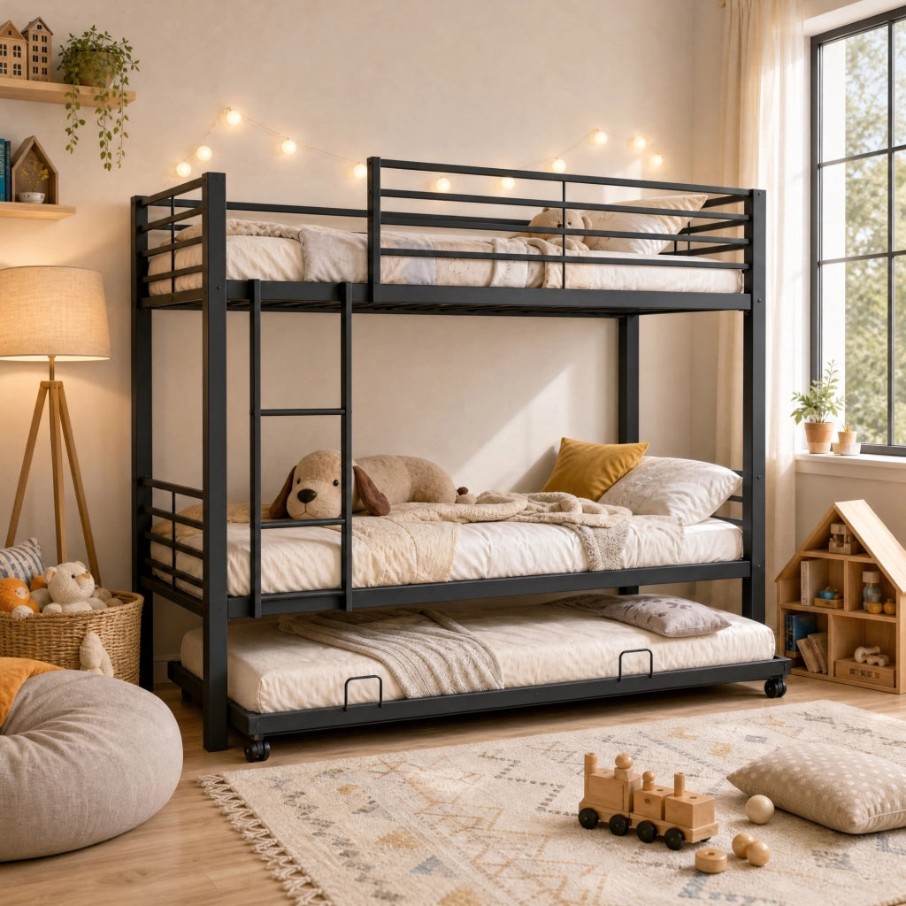 Letto a castello 3 posti in metallo nero 90x200 cm