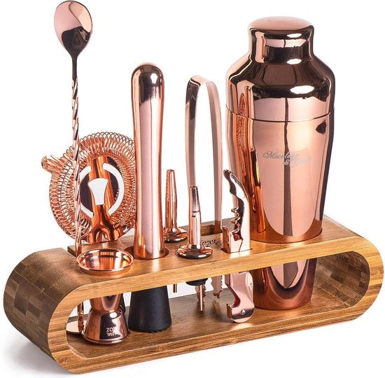 Set di Cocktail per 10 persone - Kit di Barman per la Casa con Supporto in Bambù e Strumenti per la Miscela