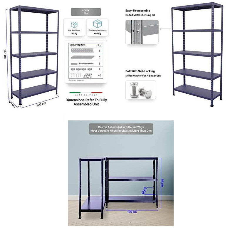Scaffale in Metallo 5 Ripiani 100x40x187 cm  Ettore Blu