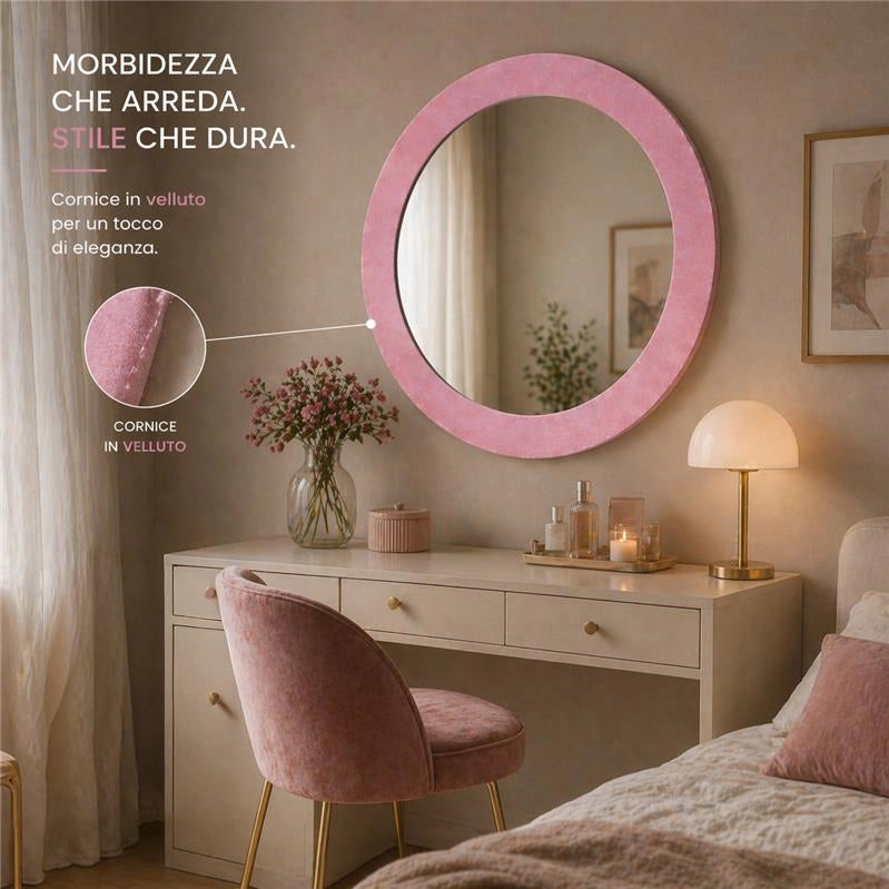 SPECCHIO ROTONDO IN VELLUTO CON GANCI PER APPENDERE DIMENSIONI 80X4.5CM - LINEA: GLOBO COLORE ROSA
