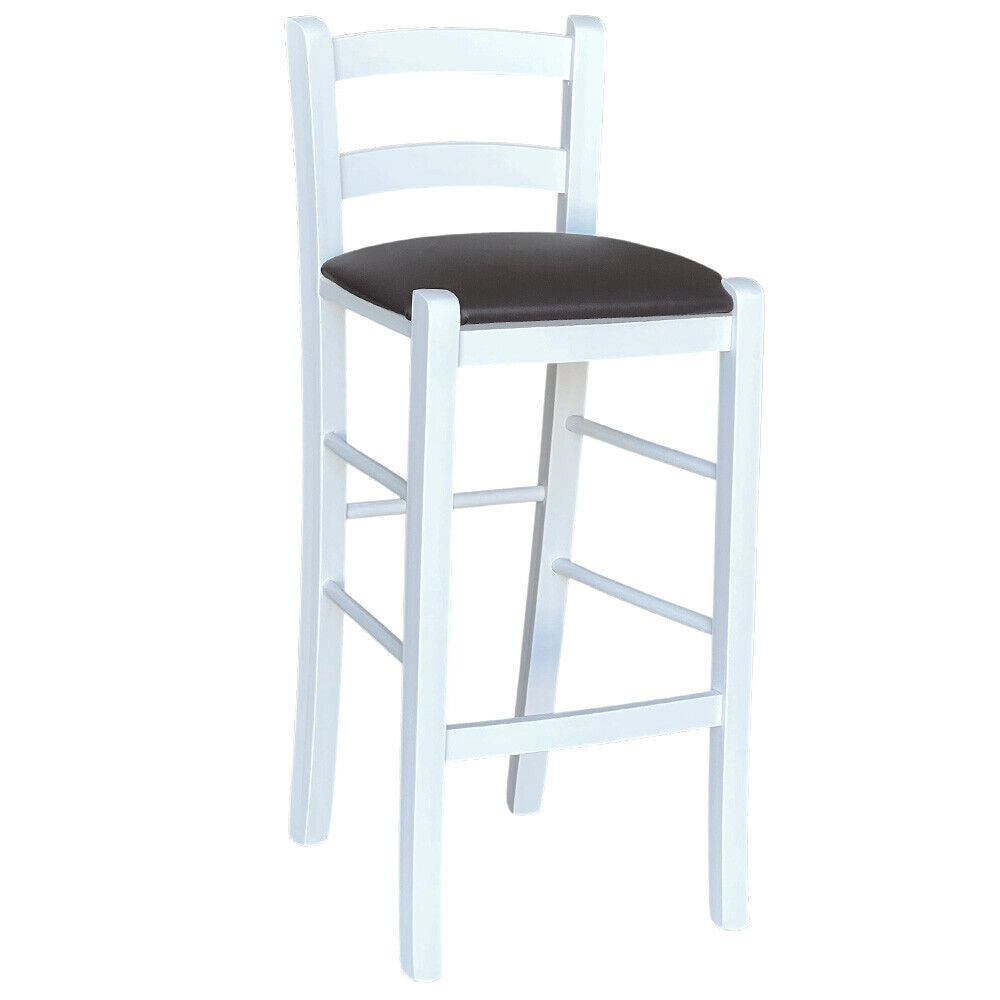 Sgabello legno bianco sedile  similpelle marrone h 67 cm da terra alla seduta