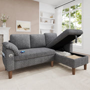 Divano angolare a L con chaise longue reversibile; USB/Type-C; chenille grigio chiaro 181x125x88 cm