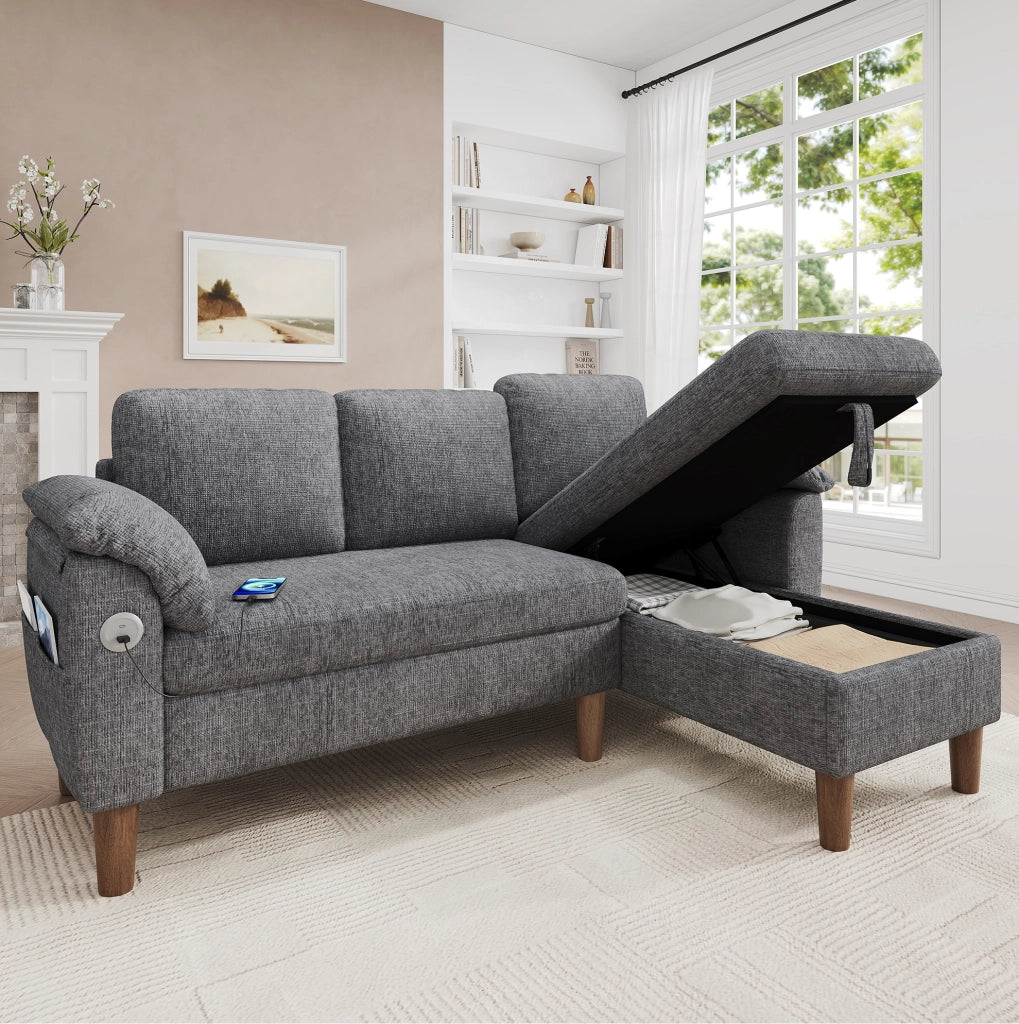 Divano angolare a L con chaise longue reversibile; USB/Type-C; chenille grigio chiaro 181x125x88 cm
