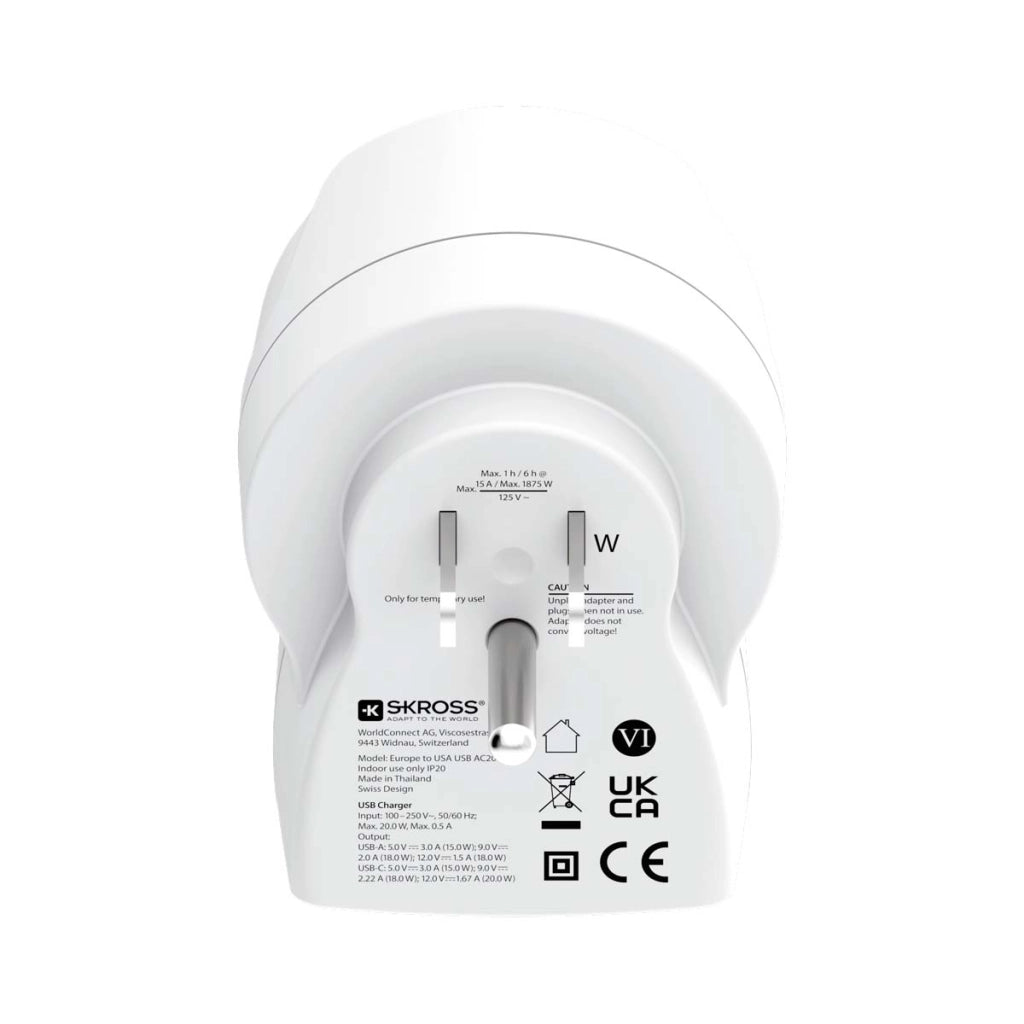 Adattatore di Alimentazione Europa a USA con USB-A / USB-C 16A 4000W Bianco Skross