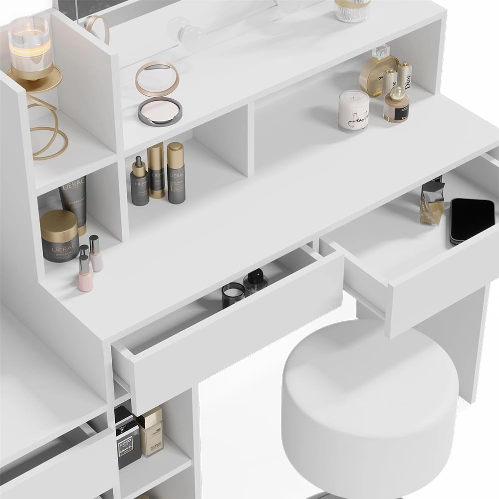 Tavolo da toeletta Anja, Bianco, 139.8 cm con illuminazione a LED e sgabello, Cassetti per organizzare nel disordine