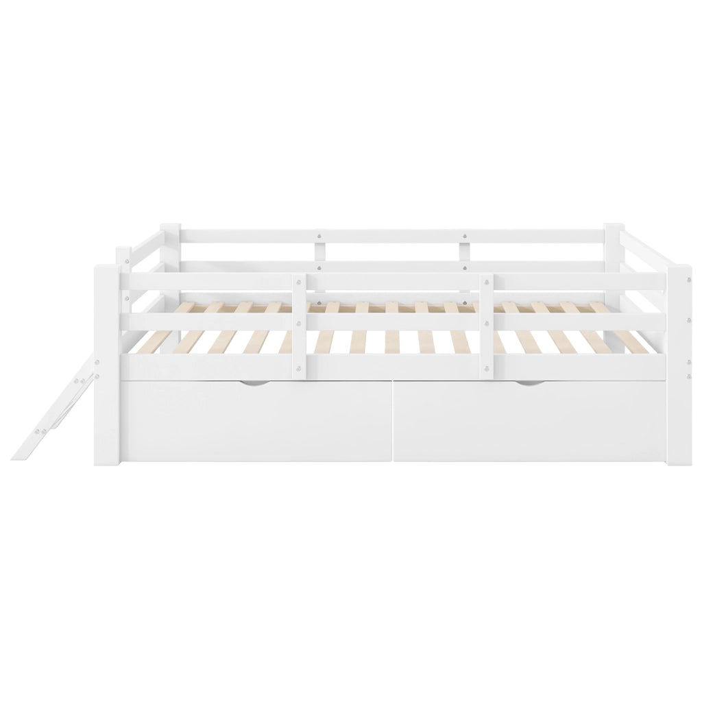 Letto a piattaforma 90x200 cm con barriera di protezione e 2 cassetti; bianco