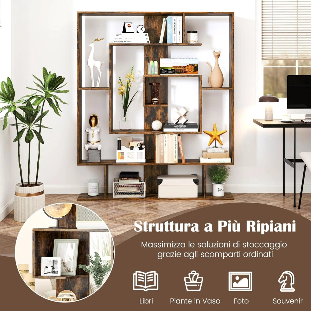 Libreria Scaffale Geometrico Spirale ad Angolo Retto a 7 Ripiani, Scaffale Espositivo in Legno Salvaspazio, Libreria per Camera da Letto, Soggiorno e Salotto, 125 x 22 x 150 cm (Marrone)