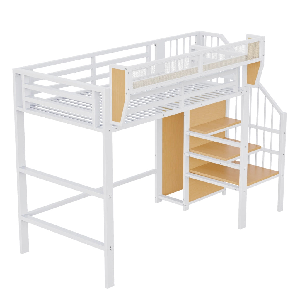 Letto a soppalco in metallo 90x200 cm con scala di sicurezza e ripiano regolabile; bianco