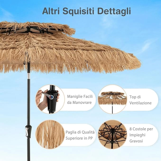 Ombrellone da Spiaggia 270 cm, Ombrellone Hawaiano in Paglia PE con 8 Stecche, Manovella Manuale, Inclinazione Regolabile, Ombrellone Portatile per Spiaggia, Patio