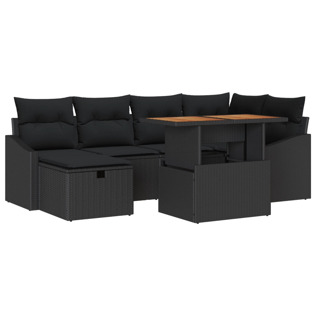 Set Divano da Giardino da 7 pezzi con Cuscini Nero Polyrattan