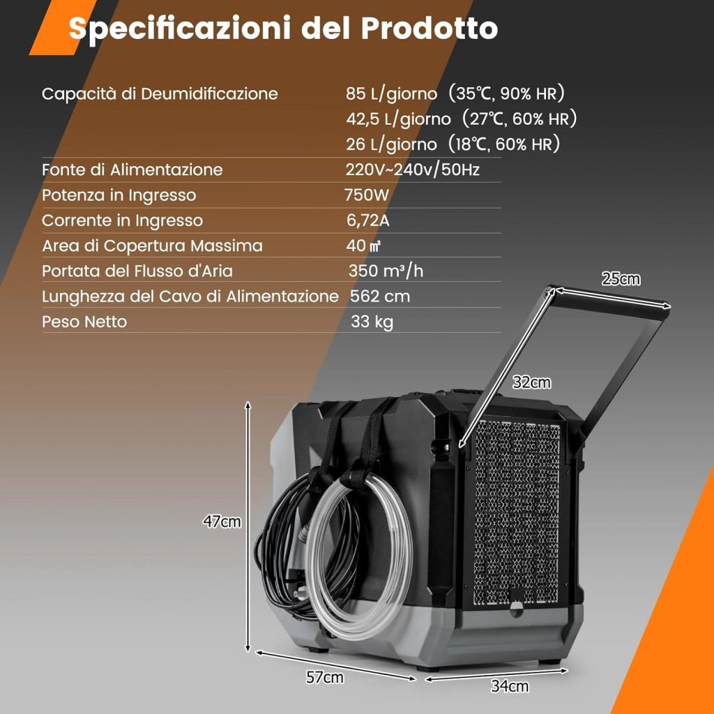 Deumidificatore Commerciale 85 L/Giorno, Deumidificatore con Pompa e Tubo di Scarico, Sbrinamento Automatico, 2 Ruote e Maniglia Pieghevole, Timer 24H, per Cantina Magazzino (Nero)