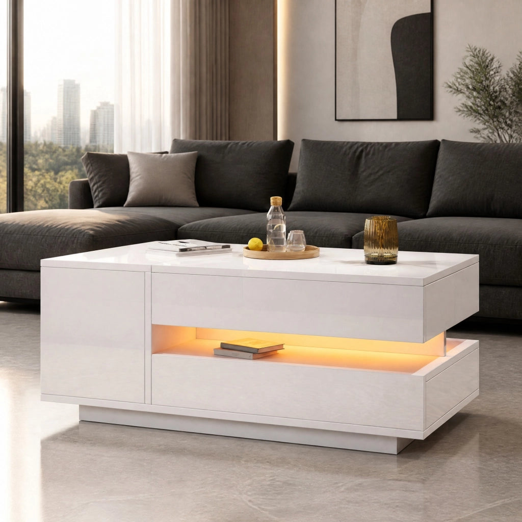 TAVOLINO ALZABILE 90 x 50 x 34,5 cm Bianco Lucido con LED e 1 cassetto