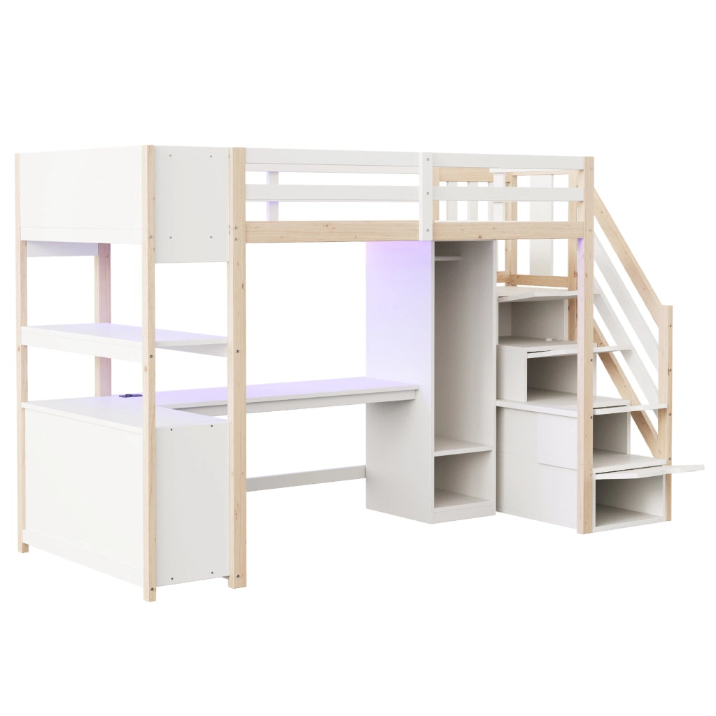 Letto a soppalco multifunzione 90x200 cm con scrivania; armadio; LED; bianco e naturale