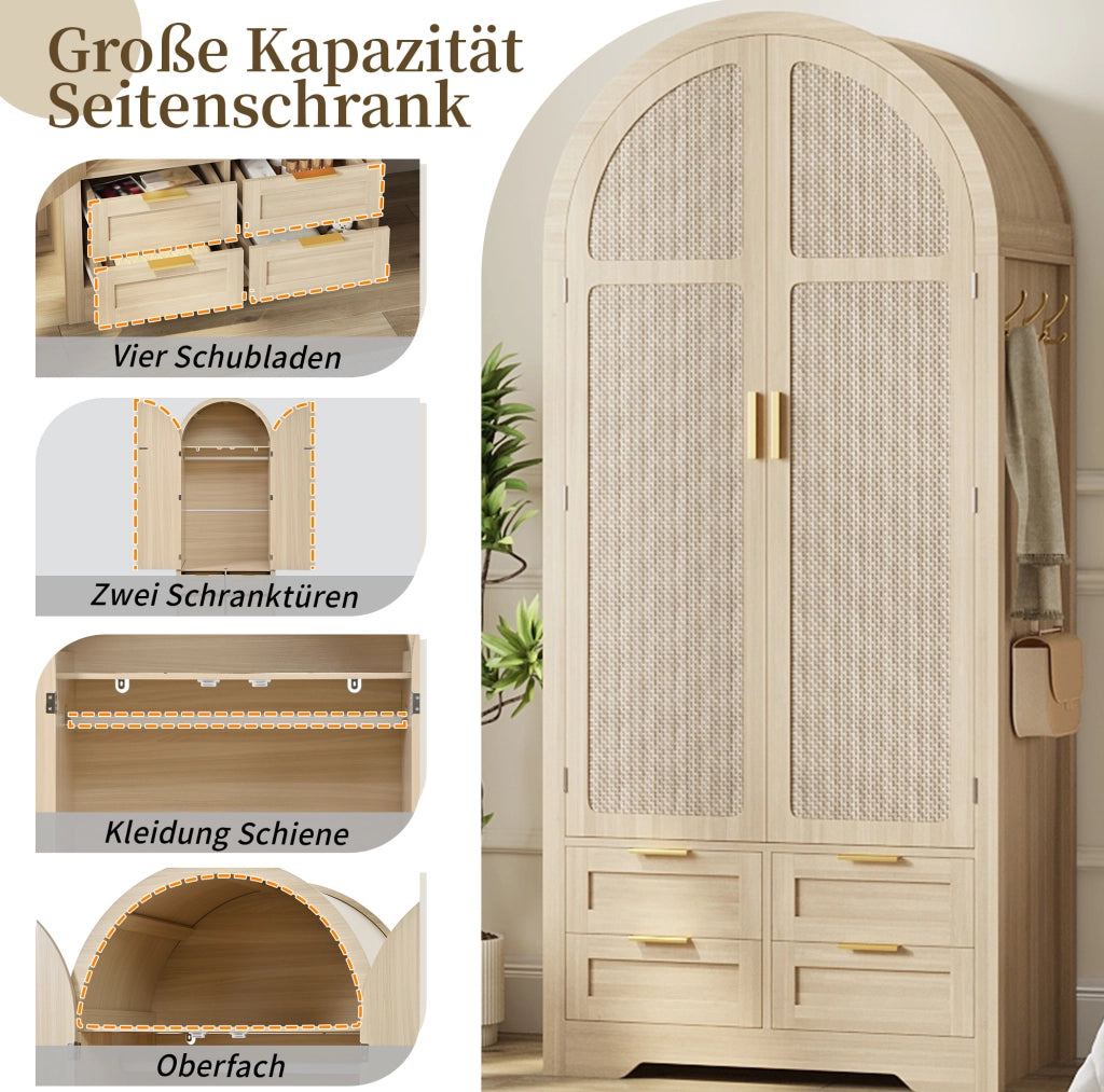 Armadio moderno con ante curve e inserti in rattan 80x50x179 cm; MDF colore quercia