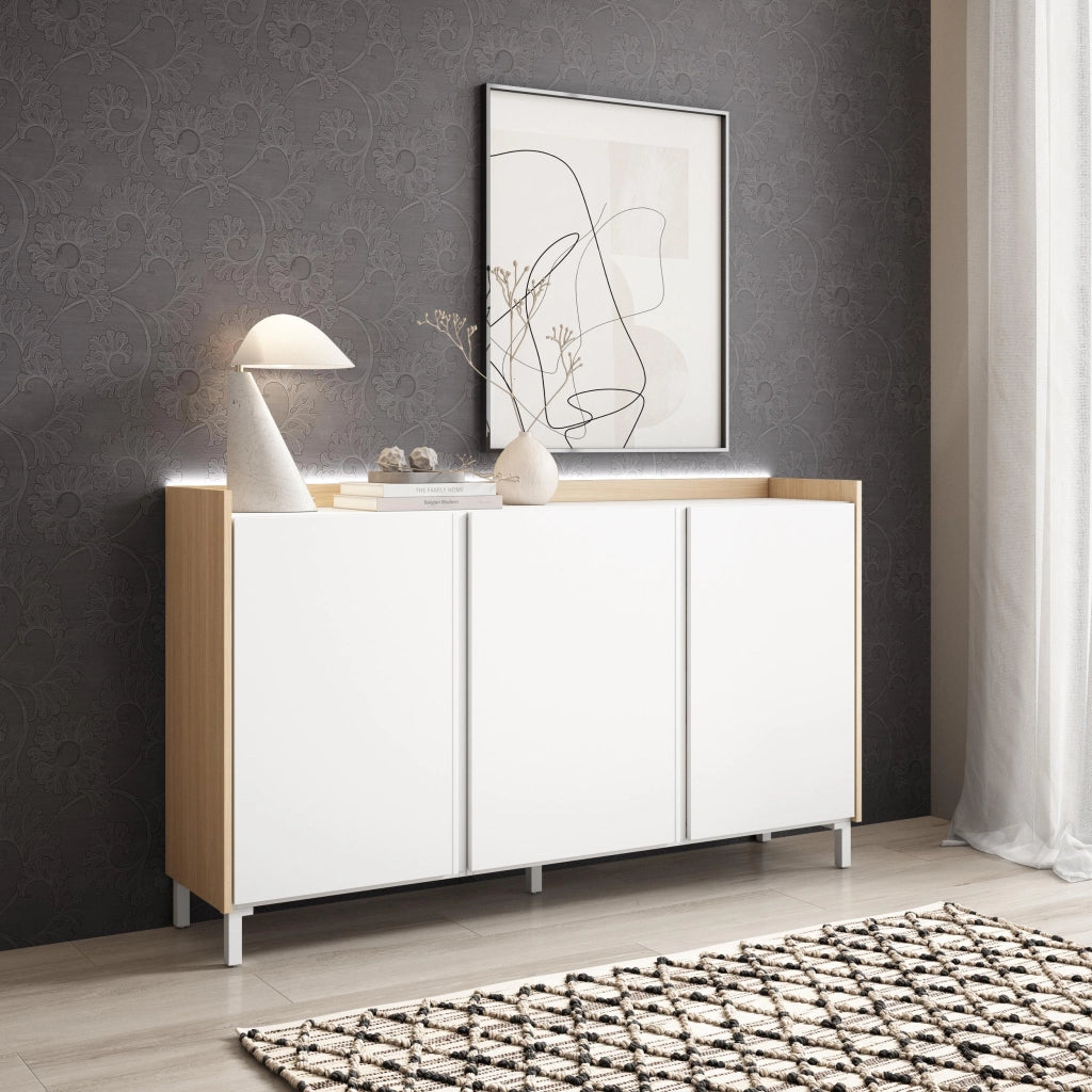 Credenza, Mobile, Cucina, 156x91x35 cm, 3 Porte, Design industriale, LED, Bianco e Rovere soft