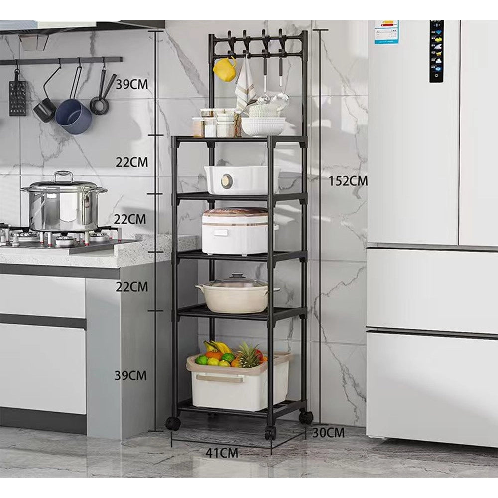 Trade Shop - Carrello Portaoggetti A 5 Ripiani Scaffale Multiuso Con Ruote Ganci Per Cucina Bagno Nero -