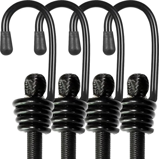 Bungee-koorden con gancio - Cordoni elastici robusti - 4 pezzi - Adatti per fissare vele, bagagli, tende, biciclette o attrezzature da giardino - Neri (8 mm * 120 cm)