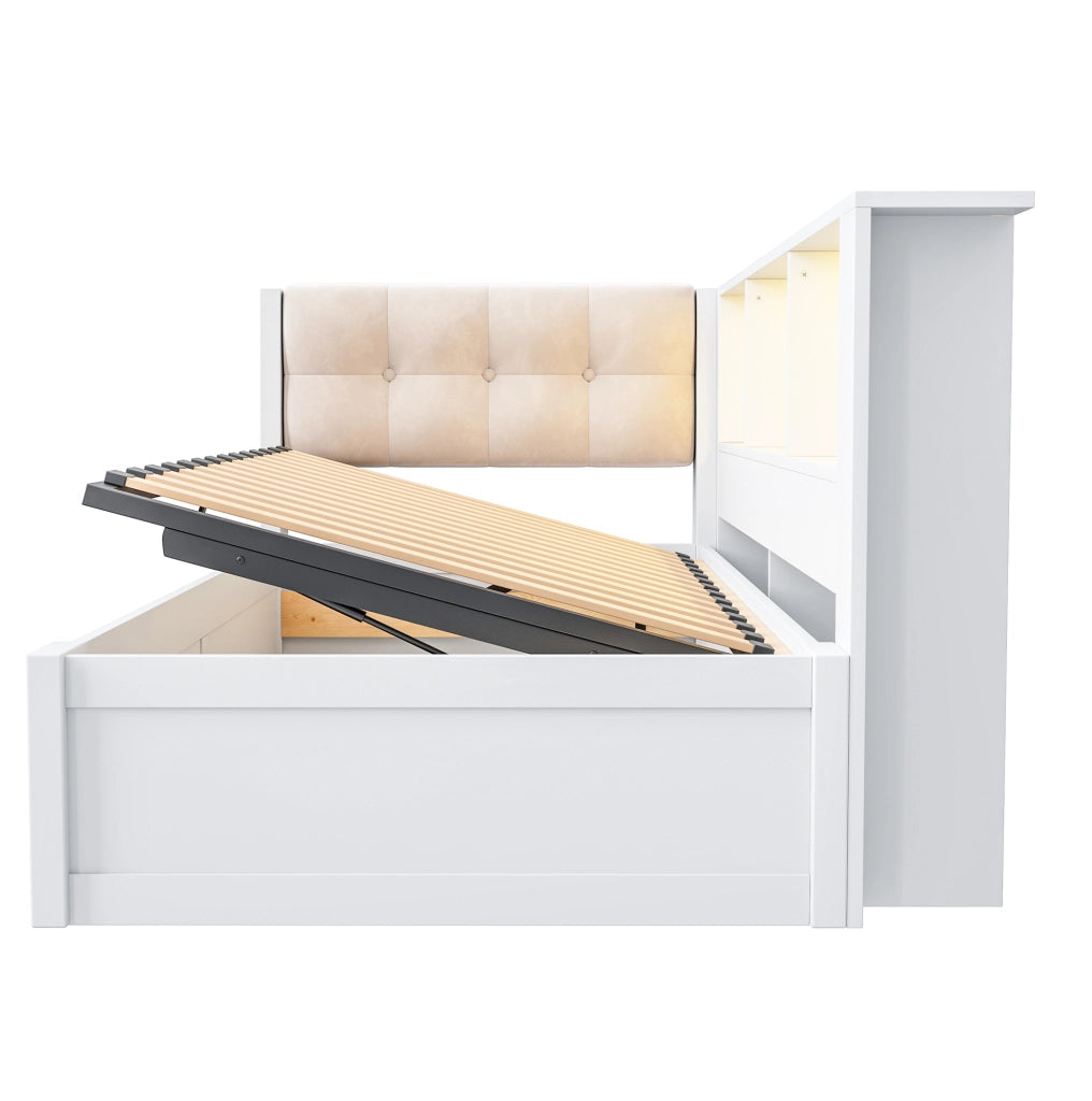 Letto singolo 90x200 cm con contenitore laterale; USB; LED e ripiano; bianco