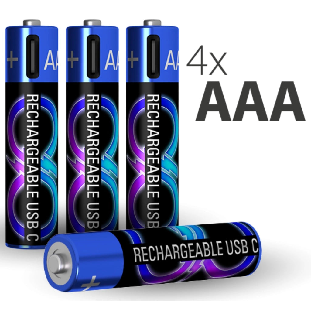 Confezione da 4 Batterie Ricaricabili USB-C LR03 / AA con Cavo di Carica Nero / Blu Force Power