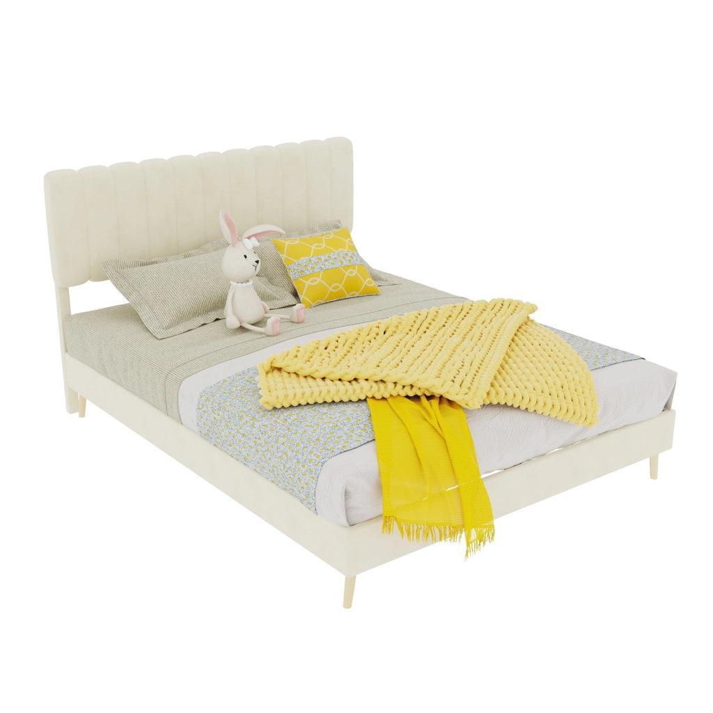 Letto imbottito moderno con testiera morbida, 140x200 cm, beige