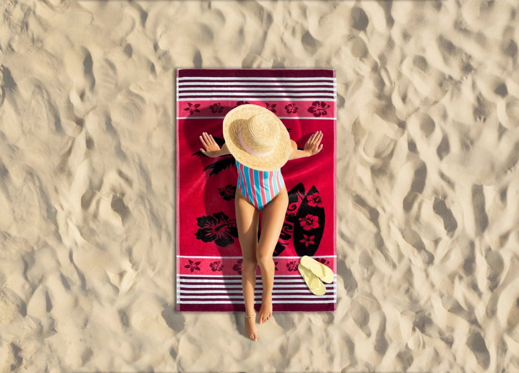 Telo Mare Jacquard Spugna Asciugamano Spiaggia Disegno Palm Beach - Telo Mare - Rosso D2