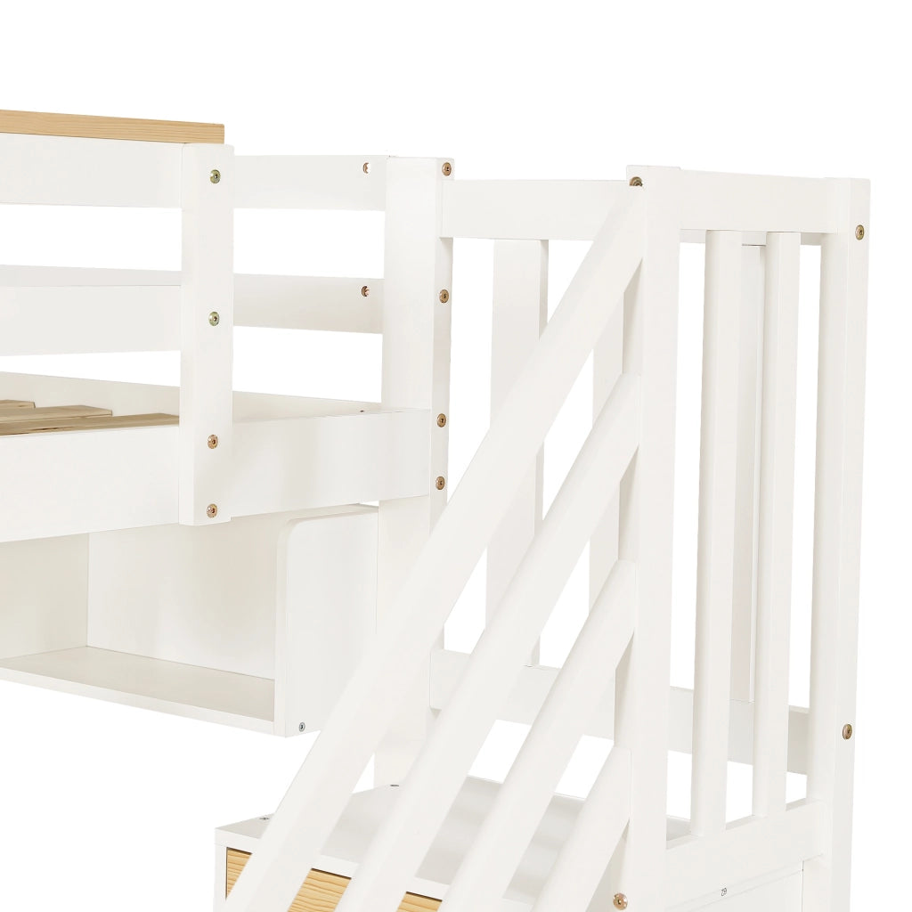 Letto a soppalco 90x200 cm con scrivania; cassetti e scala contenitore in legno e MDF bianco e colore naturale