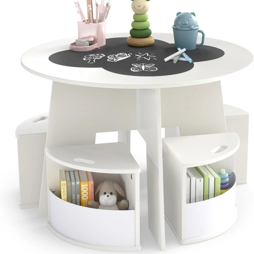 Set tavolo e sedie per bambini 5 pezzi per design salvaspazio-Tavolo rotondo con sgabelli con ripiano di stoccaggio Bianco