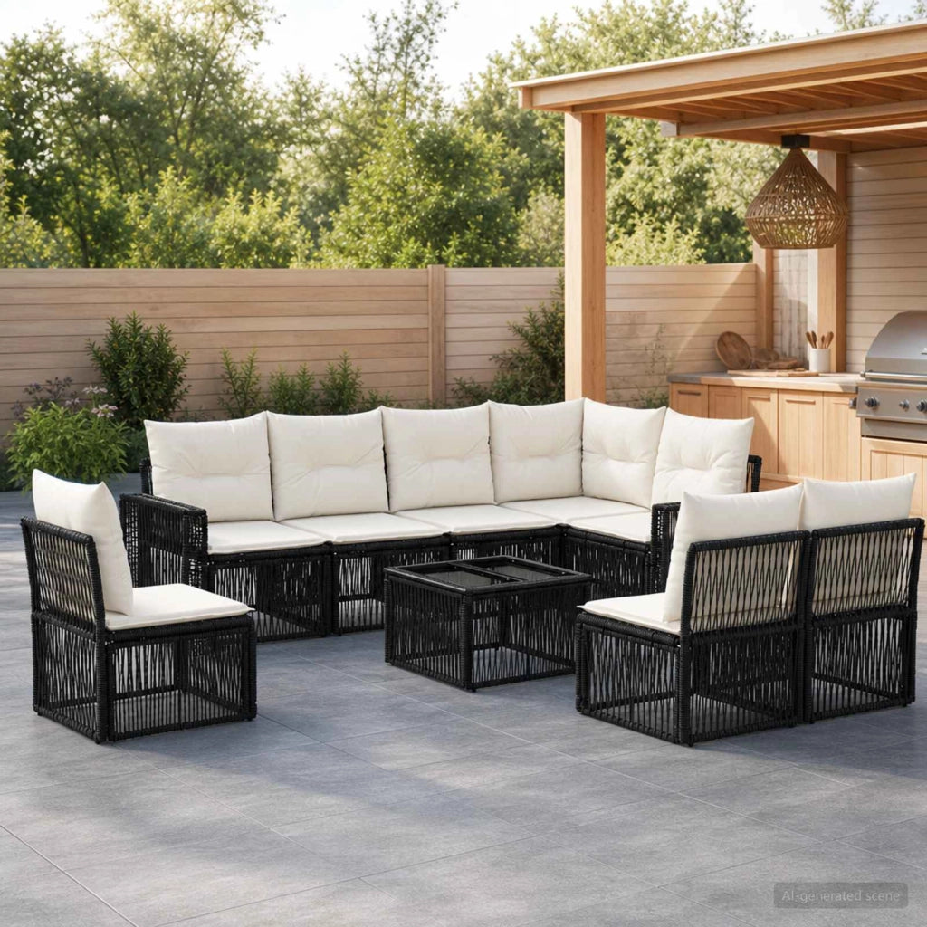 Set Divano da Giardino 9 pz Nero e Bianco Crema polyrattan 3435142